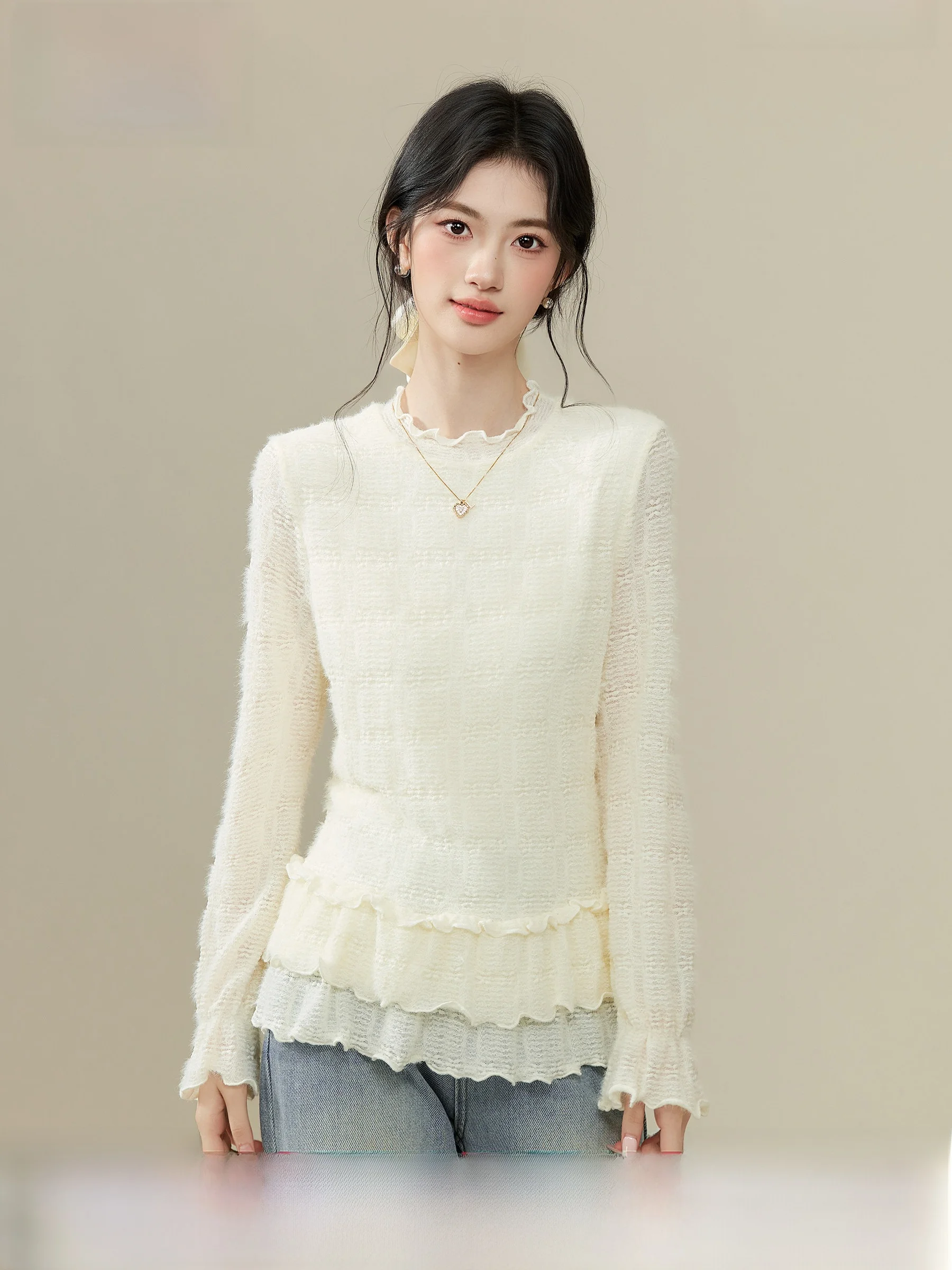 

Elegant Lace Knit Top Inner Wear Charming Neck Design White Embroidery Thought Soft Style Long Sleeve round Neck Daily Wear
