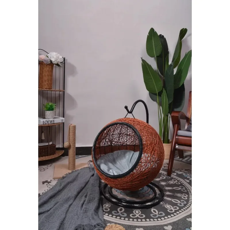 Paper Rope rattan Woven Hanging Hammock Egg Chair Lounge Soft Deep Cushion with Hammock Stand for Cat Dog Pet Basket