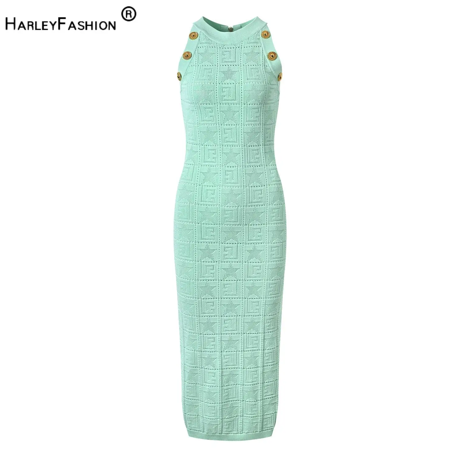 Spring Summer New Arrival Lady Cloth O-neckline Buttons Sleeveless Women Slim Fitted Knit Midi Dress