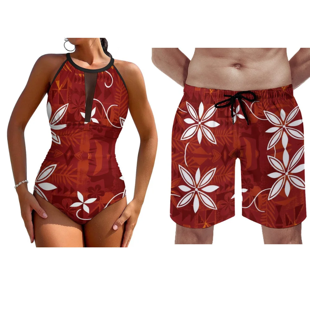 Einteiliger Sommer Strand Push-up Badeanzug benutzer definierte polynesische Blumen druck Strand Surf-Set für Männer und Frauen Paare