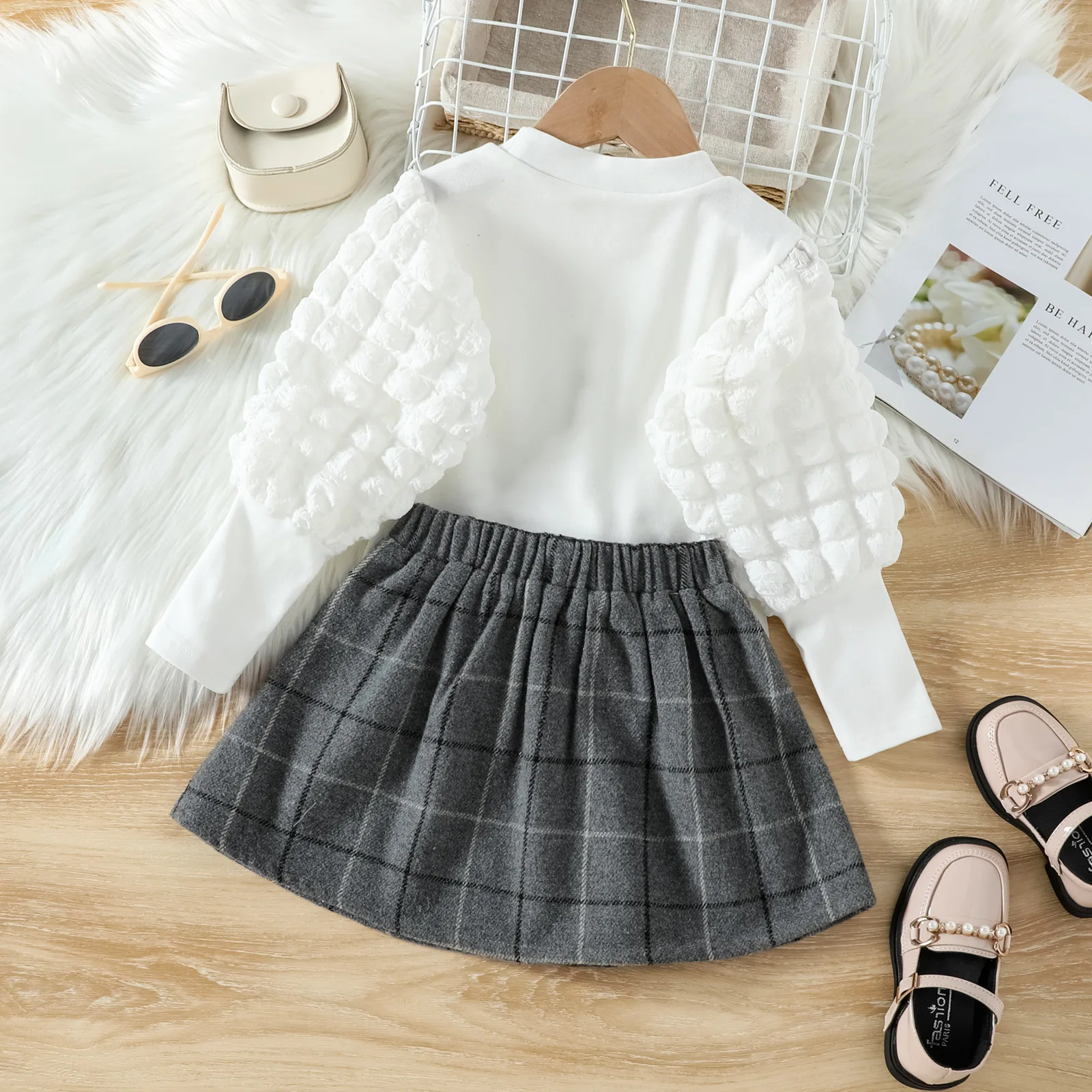 Autumn Girls Puff Sleeve Blouse T Shirt + Plaid Pleated Skirt 2 Pcs Suit Elegant Sets Kids Boutique Clothes Baby Girl Outfit Set