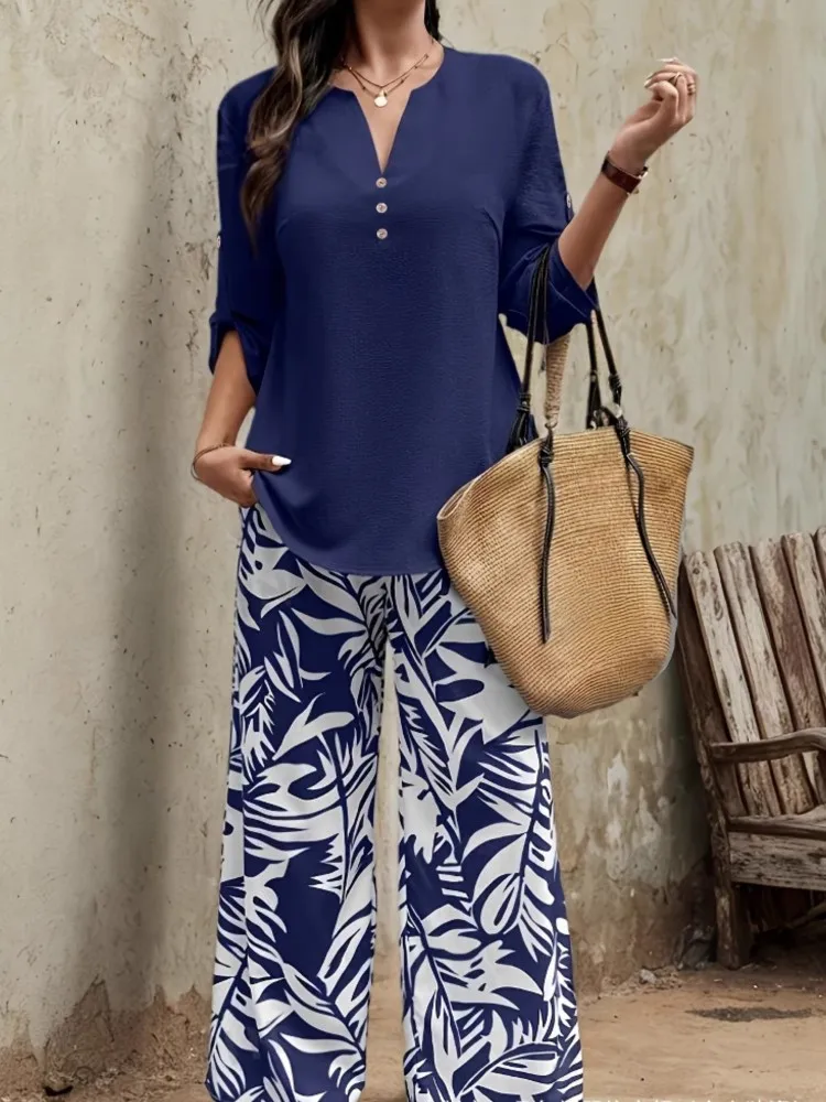 

Повседневная одежда из двух предметов с принтом, женская мода, топы на пуговицах с короткими рукавами и v-образным вырезом + широкие брюки, комплект женской праздничной женской одежды, новинка