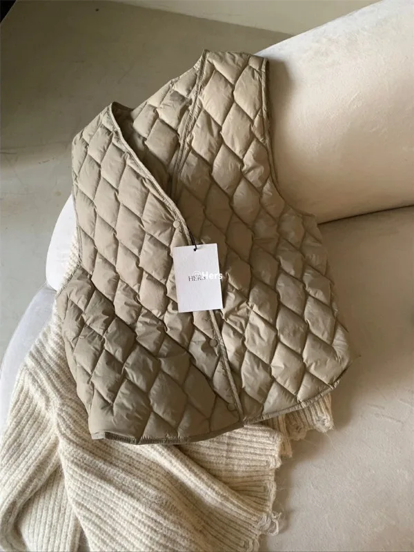 

Thiened V-ne Diamond Pattern Cotton Vest Women's Winter Loose Layering Warm oulder Pad Top Outerwear Zipper Sle