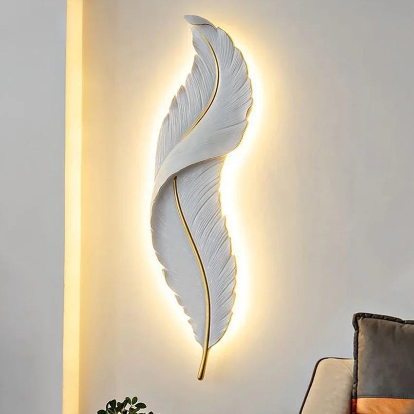 Modern Creative White Feather Wall Lamp Iron Art Led Bracket Light for Bedroom Living Dining Room Coffee Shop Home Decor