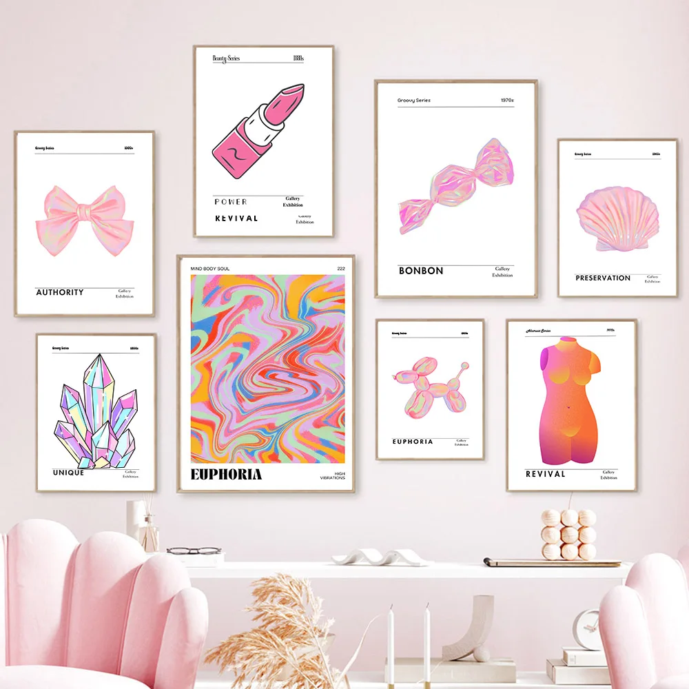 Gradient Aura Balloon Dog Abstract Posters Lipstick Candy Bow Tie Canvas Painting Feminist Wall Art Print Pictures Bedroom Decor