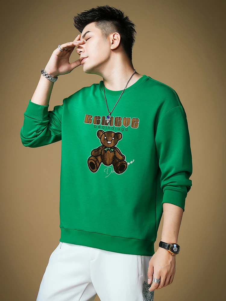 

Модный мужской свитшот с длинными рукавами и принтом медведя, блестящий дизайн с алмазным узором, базовый слой, повседневная уличная одежда