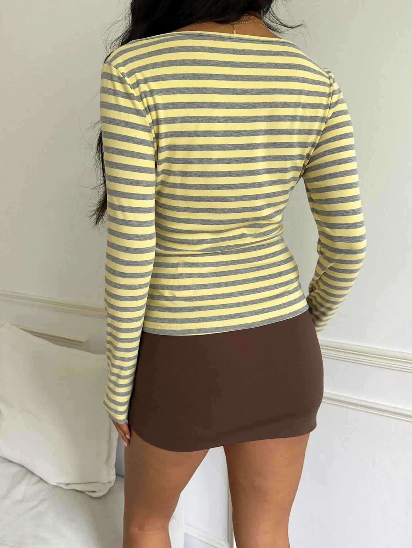 Casual Minimalist Off-Shoulder Yellow Gray Striped Long Sleeve T-Shirt For Women
