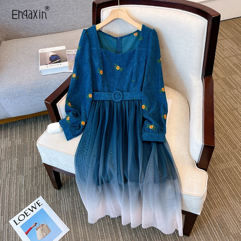 

EHQAXIN 2022 Autumn Winter Ladies Dress Fashion New Elegant Embroidered Mesh Stitching Square Neck Loose Dresses Female M-4XL