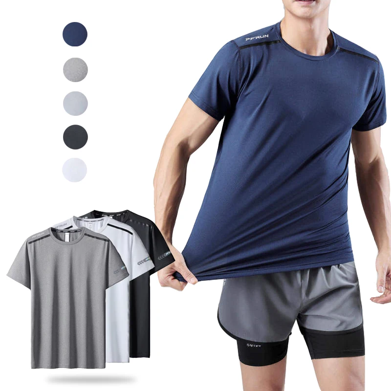 

(S-5XL) Мужская быстросохнущая спортивная футболка, эластичная свободная посадка для тренировок, фитнеса, бега, пешего туризма, тренажерного зала, майки, рубашка с коротким рукавом