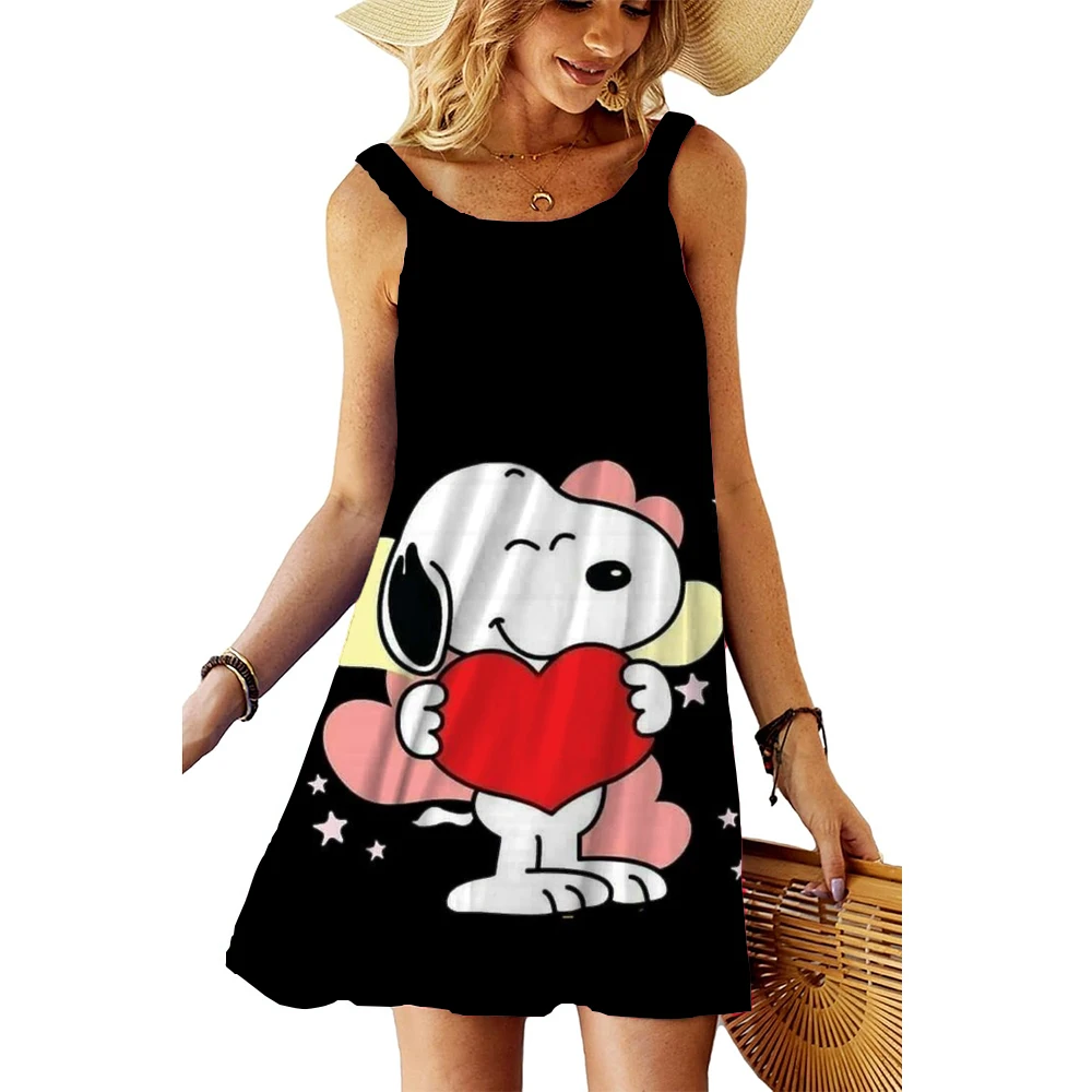 S-3XL de verano para mujer, minivestido con estampado de Snoopy, estilo bohemio, para vacaciones en la playa, moda informal, chaleco holgado sin mangas