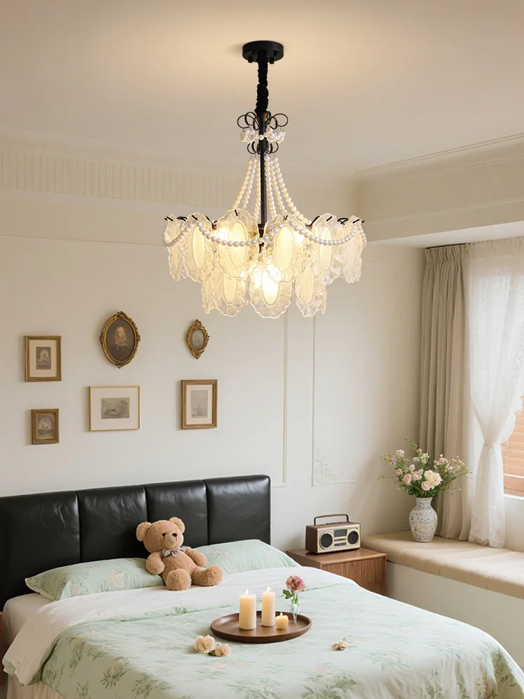 프랑스 레트로 진주 유리 샹들리에 북유럽 럭셔리 크리스탈 펜던트 조명 포스트 모던 거실 식탁 조명 장식