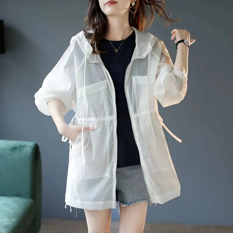 Summer Sunscreen For Women 2025 New Drawstring Waist Mid-length Thin Windbreaker UV Protection Cardigan Lightweight Trench Coat
