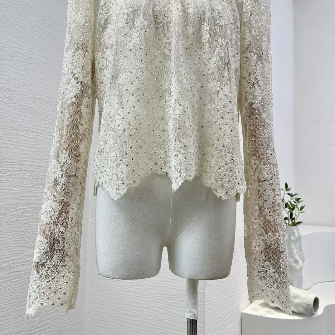 Women Lace Patchwork See Through Tops Irregular Hem Long Sleeve Stand Collar Diamonds Hook Flower Blouse 2024 New Design