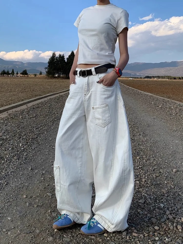 

Джинсы-«мешки» в американском ретро-стиле, белые, унисекс, весна-осень, свободные, повседневные, широкие штанины, с эффектом стройности