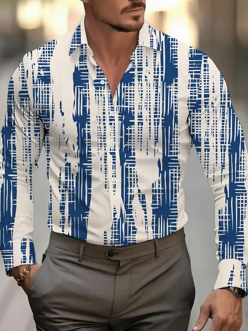 Luxury Men's Long Sleeve Shirt 3D Gold Chain Printed Baroque Style Long Sleeve Button-Collar Hawaiian Top