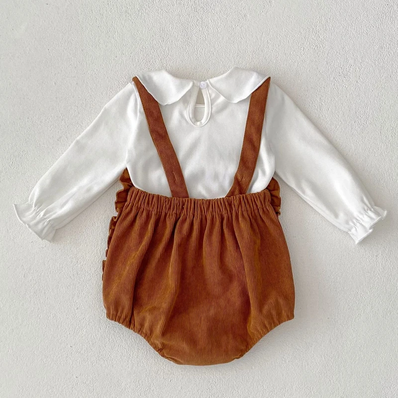 Autumn New Baby Clothing, 0-4 Year Old Female Baby, Small Bear Rusty Flower Collar Top+Strap with Mushroom Edge 2-piece Set