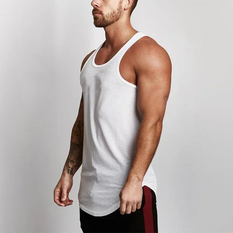 New Gym Tank Tops Mens Solid Mesh Bodybuilding Clothes Fitness Men Singlet Sleeveless Cotton Workout Stringer Gyms Shirts