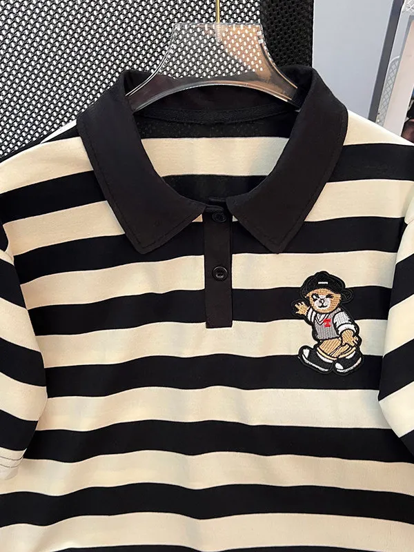 Preppy Striped Short Sleeve  Shirt T-Shirt Summer New Style Beautiful Elegant Top for Junior And High School Students
