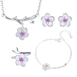 925 Sterling Silver Jewelry Sets Romantic Cherry Blossoms Flower Necklace+Earrings+Ring+Bracelet For Women