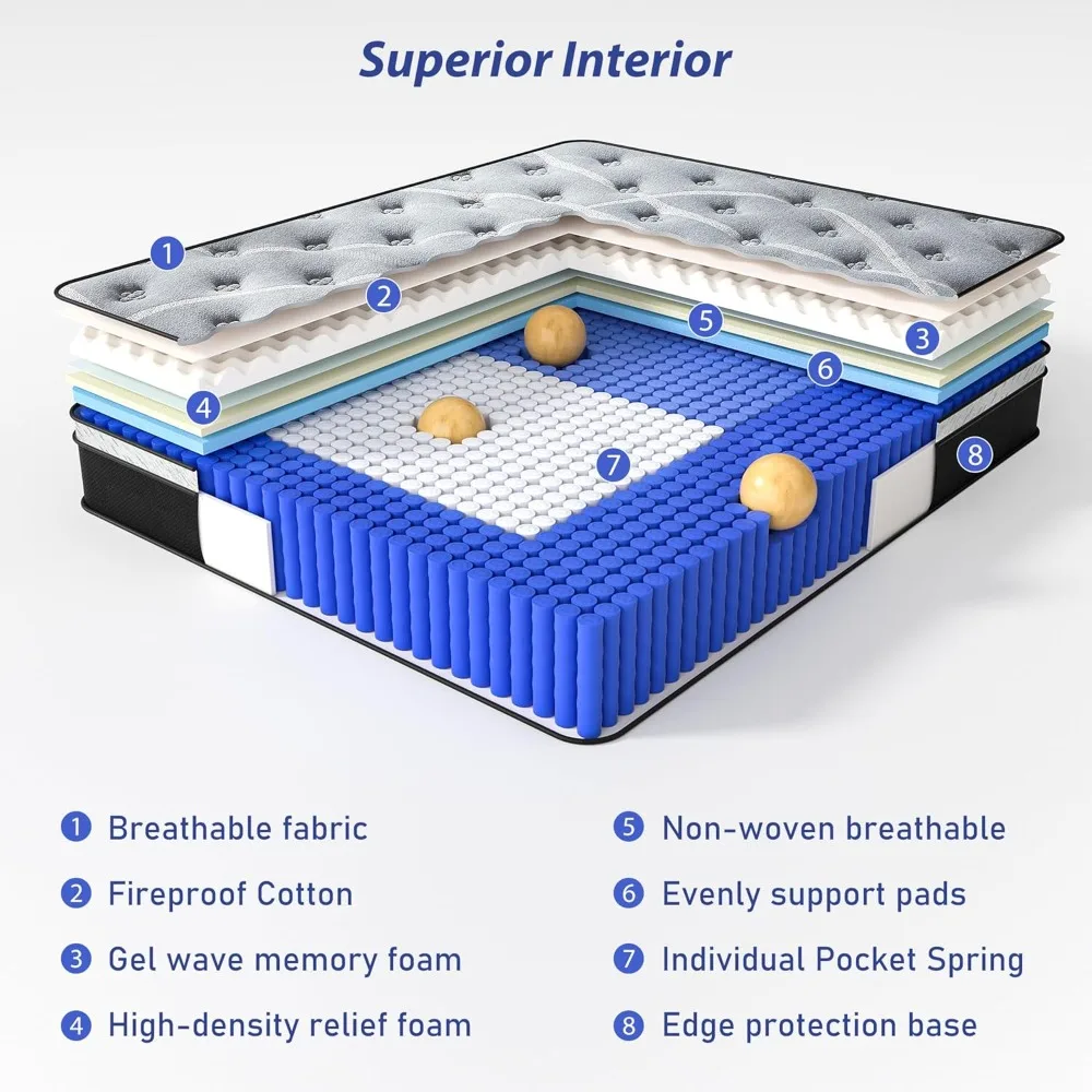 مرتبة بحجم 10 بوصة، مرتبة هجينة من إسفنج الذاكرة مزدوجة في صندوق، نوابض جيب لتخفيف الضغط، شركة متوسطة، ألياف زجاجية