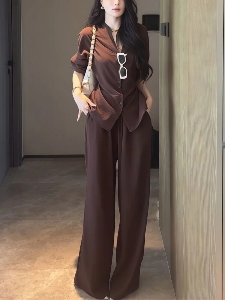 Elegant Minimalist Preppy Style Long Sleeve Shirt And Casual Pants Set Women's Fashion Loose Fit High Waist Straight Leg Trou...