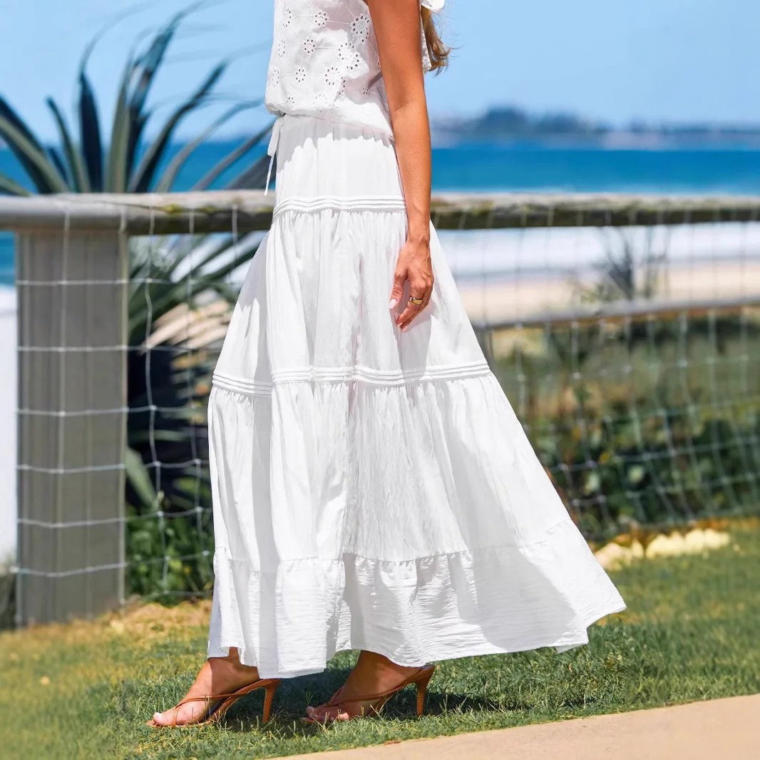 

Белая юбка с эластичным поясом на шнурке в богемном стиле, А-силуэт, многоярусная, для женщин
