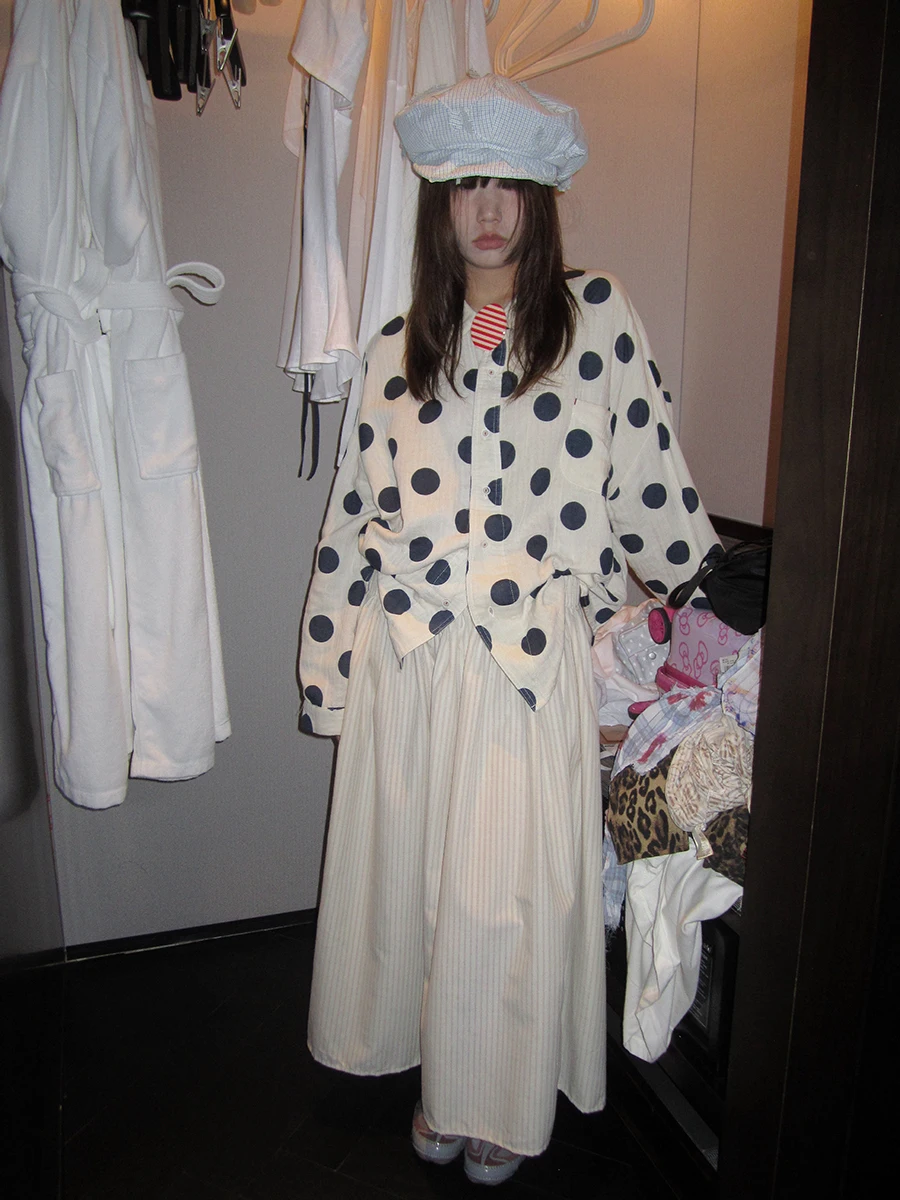 

Летняя коллекция 2025: Корейский дизайн, свободная повседневная женская рубашка в горошек, универсальная, с длинным рукавом, круглым вырезом, на пуговицах, защита от солнца.