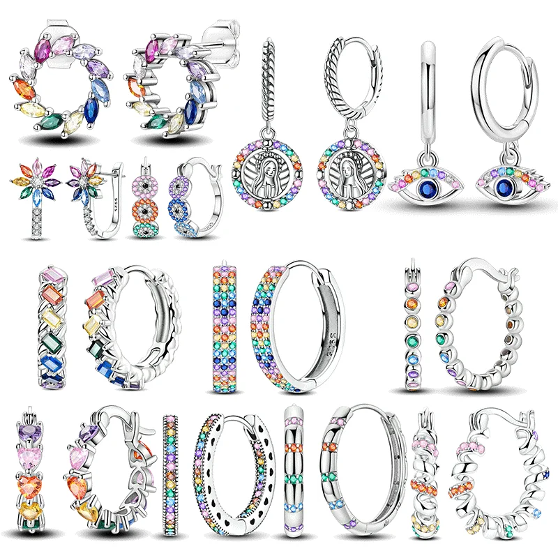 

925 Sterling Silver Fashion Woman Hoop Earring Colored Zircon Round Ear Stud Earrings Fine Jewelry Lover Anniversary Gift