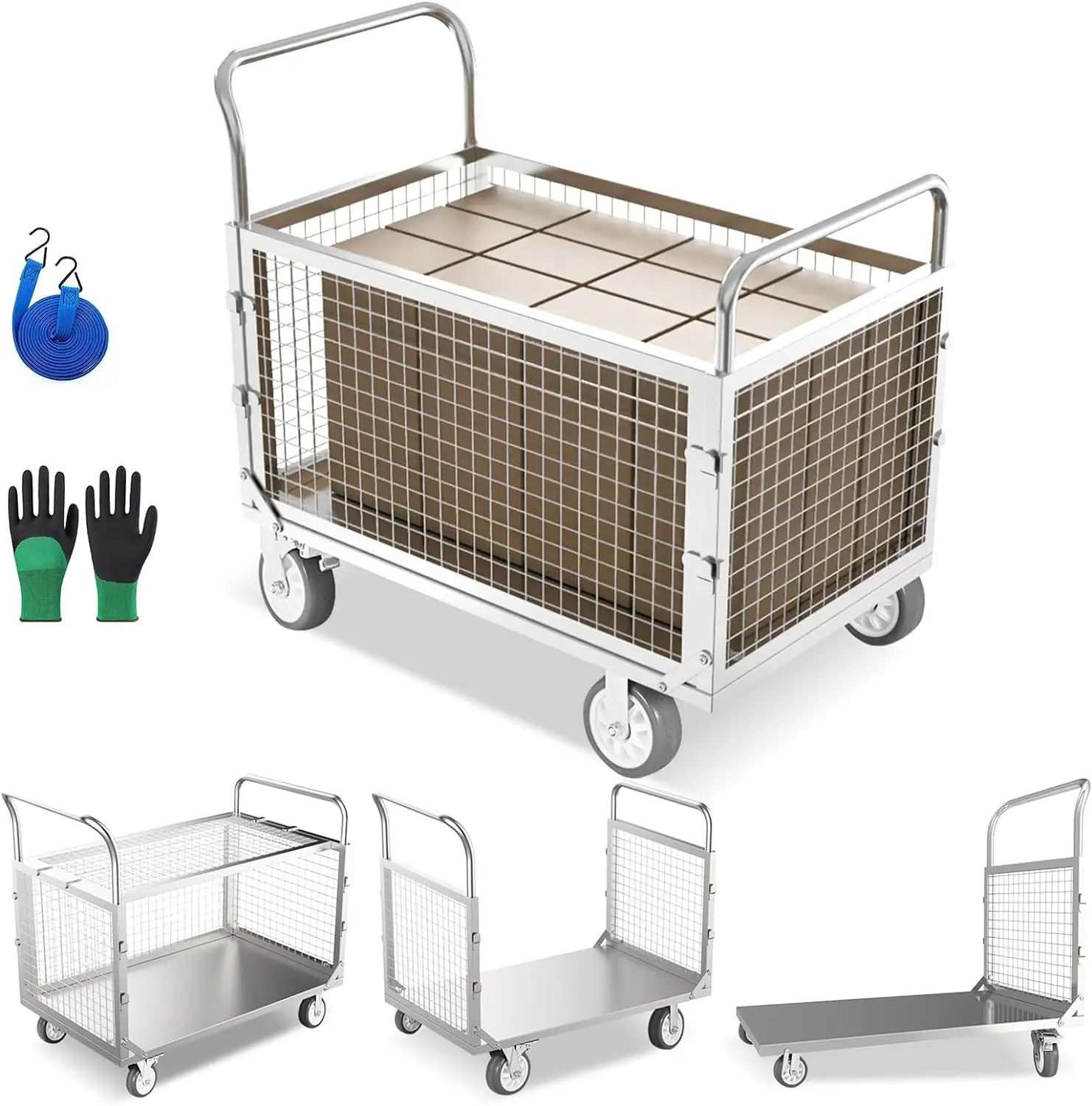 

Platform Truck Cart with Cage, 4in1 Foldable Hand Truck Flat Cart, Push Cart Dolly Duty,with 6" Swivel Brake Casters,for Grocery