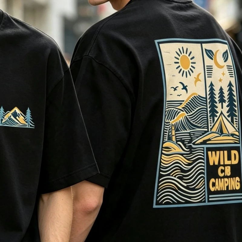 Vintage Wild Camping Double Sided Graphic T Shirt Cotton Short Sleeve Tee Mountain Camp Print Casual Outdoor Streetwear Top
