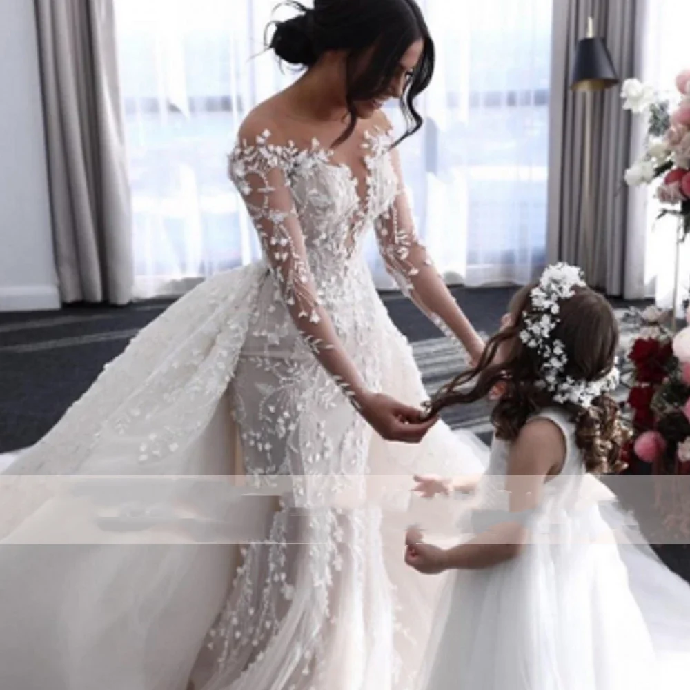 Flavinke Customized Charming Mermaid Wedding Dresses Detachable Train Lace Gowns V-Neck Long Sleeves Elegant Women Bride Dresses