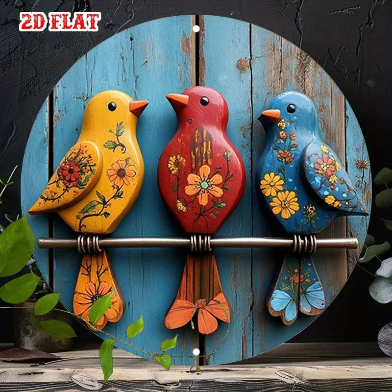 2D Flat, 1pc Vintage Farmhouse Round Metal Wall Decor - Colorful Birds & Floral Branches in Yellow, Red, Blue, Green - Rustic Ti