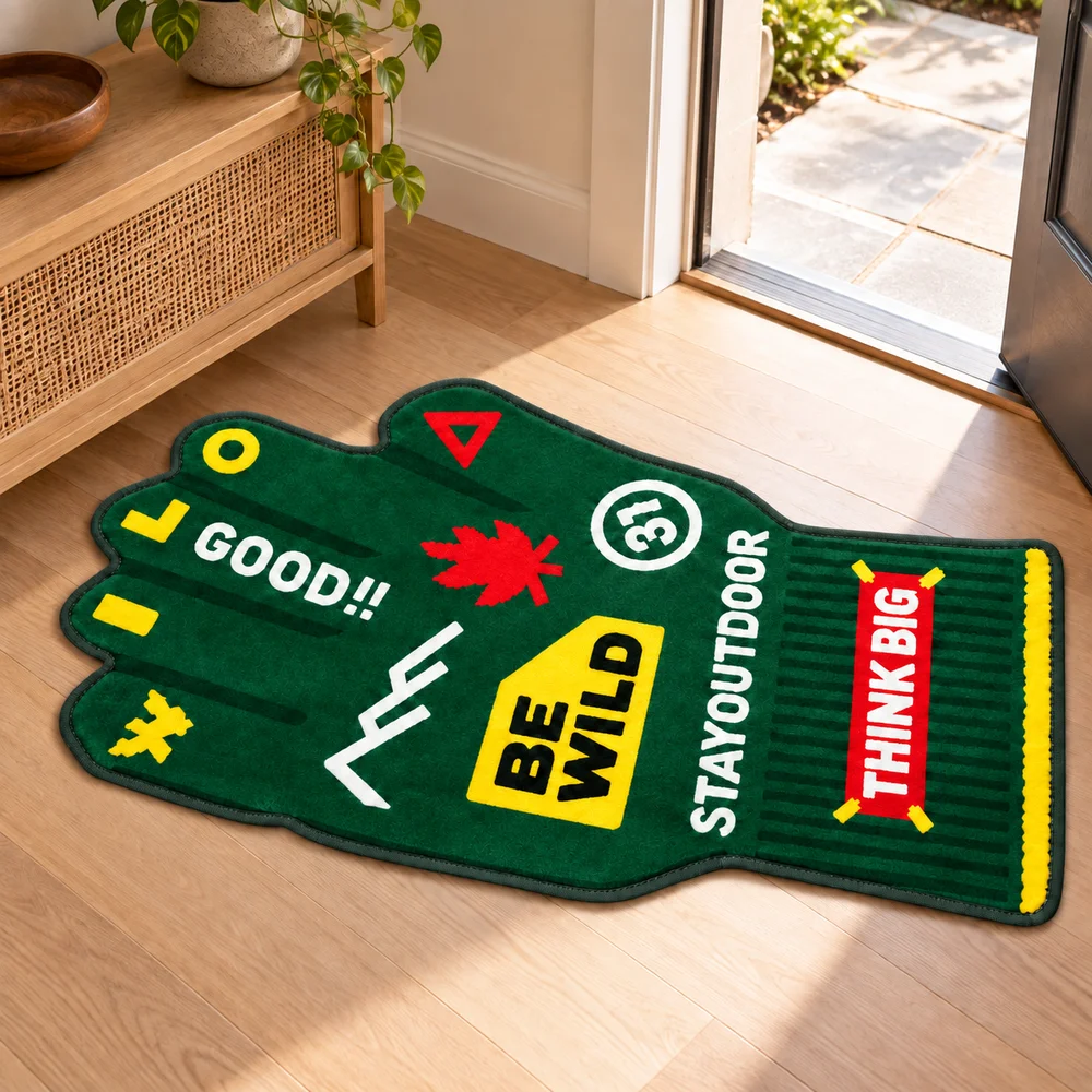 Green Glove Shaped Flannel Floor Mat Outdoor Letter Pattern Irregular Rug with Bound Edges for Entryway Living Room Bedroom