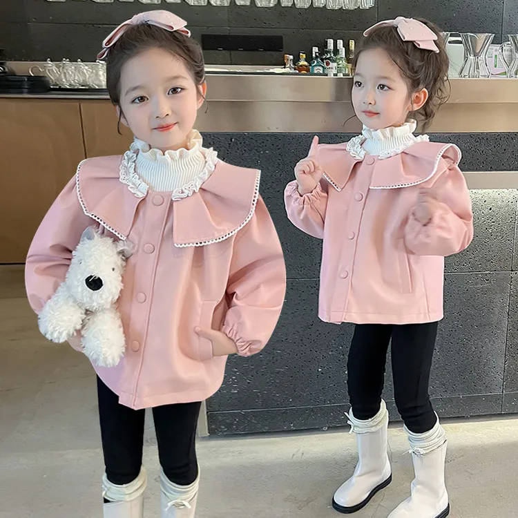 Toddler Girls' Leather Jacket, Elegant Ruffle Collar, Button - Up Coat for 2-9 Years Kids, 2025 Autumn And Winter Girls Outwear