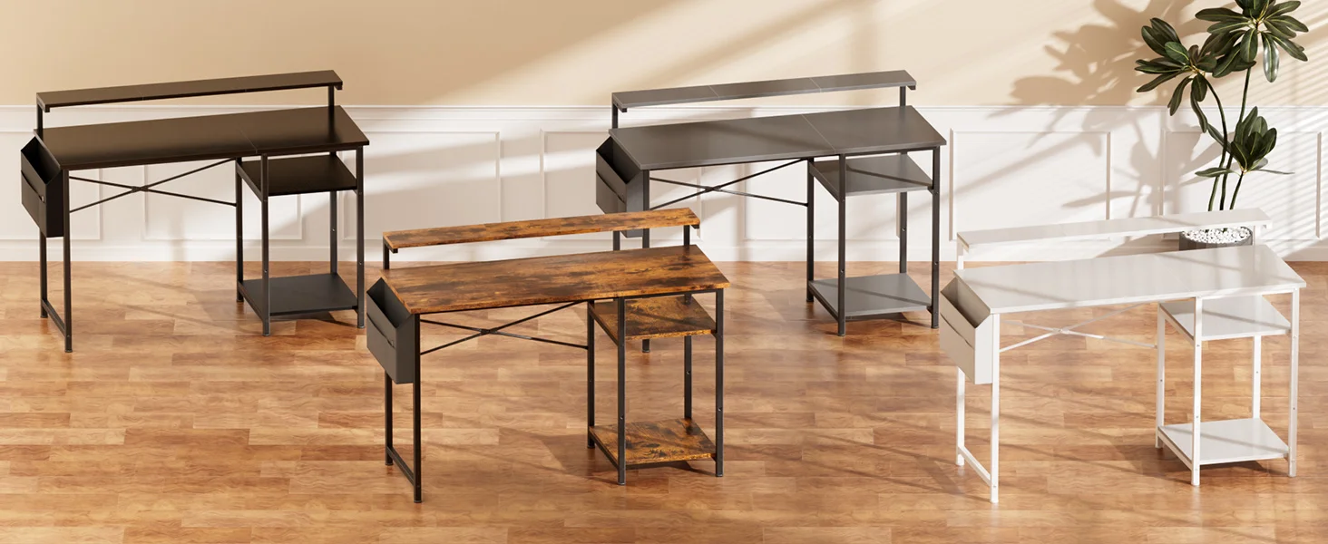 100/120cm Bürotisch, Computertisch mit LED und Monitorständer, 2 Ablagen und Aufbewahrungstasche PC-Tisch für Studium und Schlafzimmer – Detail 11