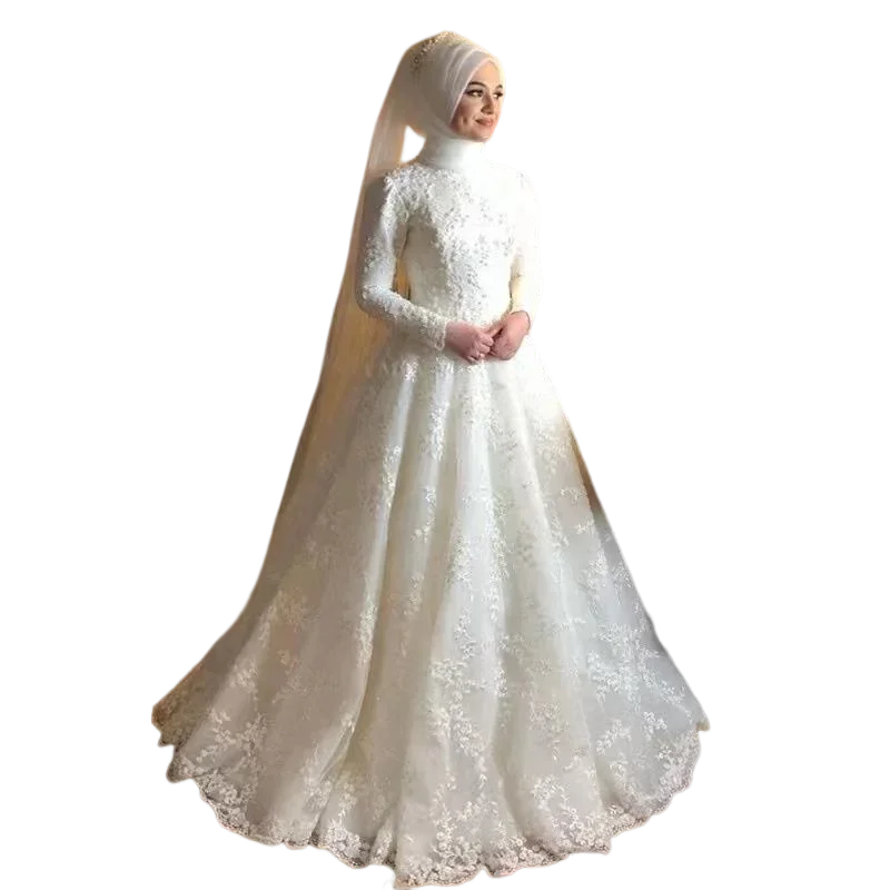 

Customized Arab Muslim Lace Wedding Dresses Robe De Mariee Sweep Train High Neck Long Sleeves Bridal Gowns