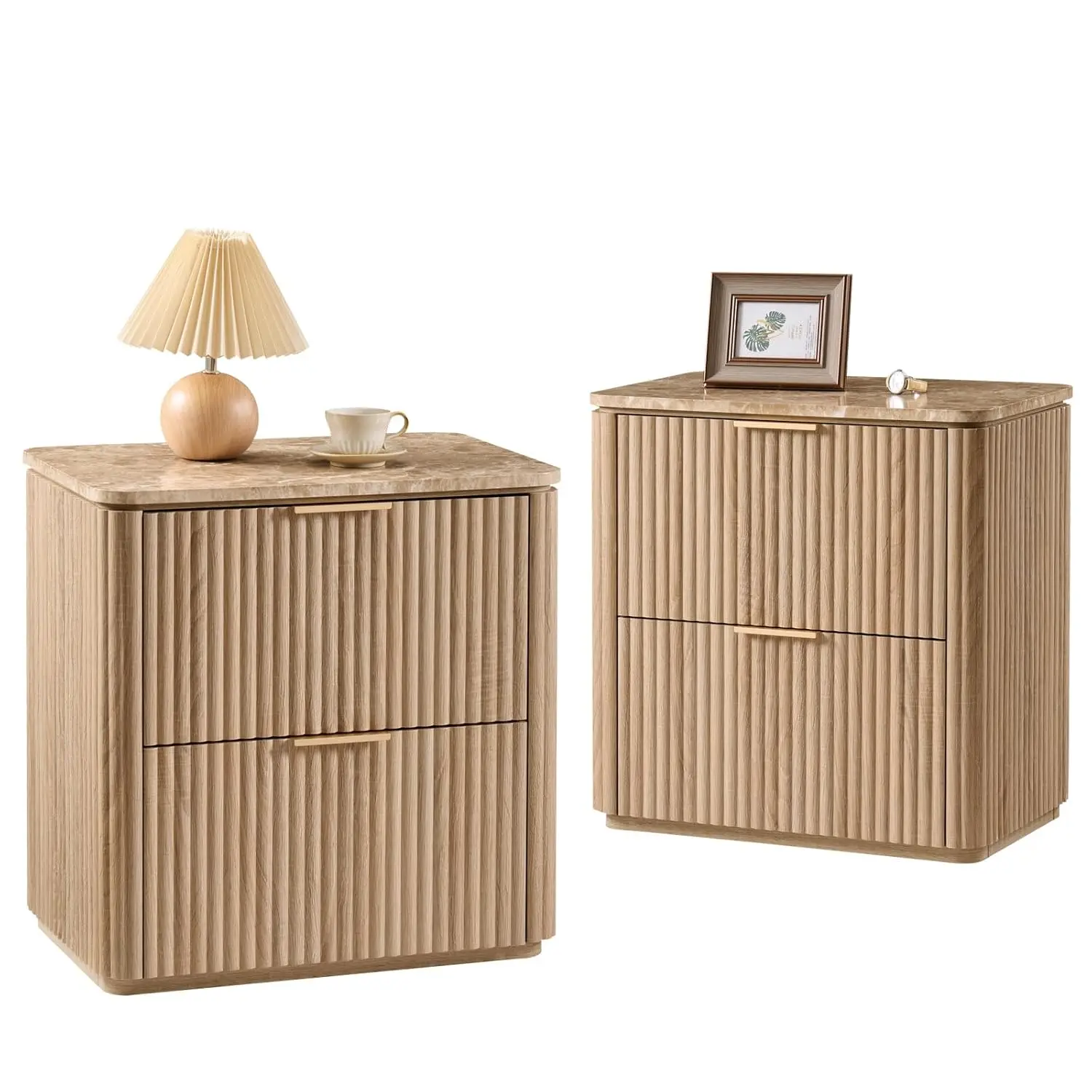 Fluted Nightstand Set of 2, Bedside Table with 2 Drawers, Engineered Wood End Table with Faux Marble-Top, Curved, Customized