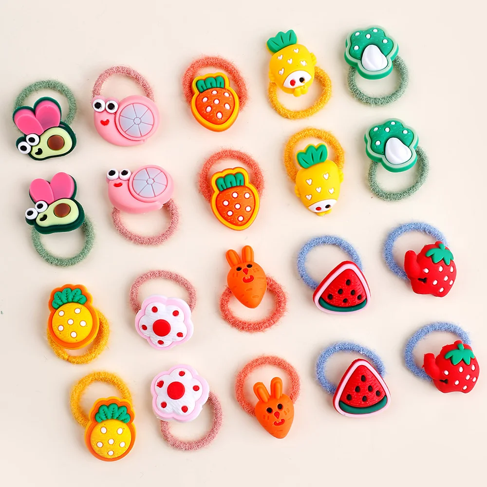 20PC Girls Hair Ties Cartoon Vegetable and Fruit Flower Rubber Band Hair Rope Fashionable Hair Accessories for Girls Headwear