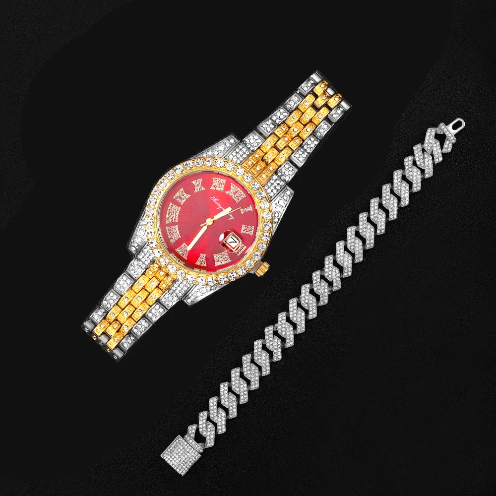 Iced Out red Color Watch Women\'s Luxury Rhinestone Cuban Chain Bracelet Watches Fashion Wrist Watch Hip Hop Jewelry new Men Gift