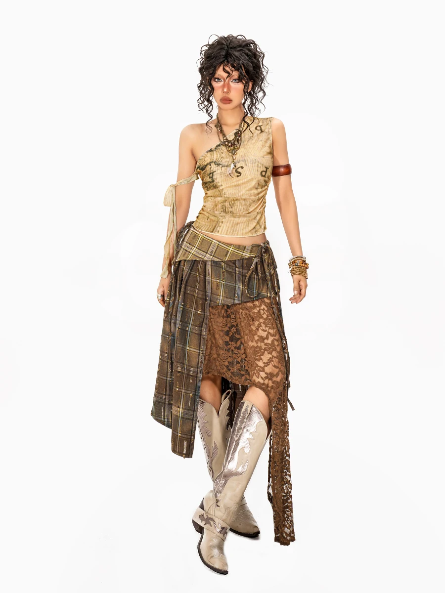 Retro Wandering Style Kanten Geruite Rok Dames Wasteland Hot Girl Onregelmatig Patchwork