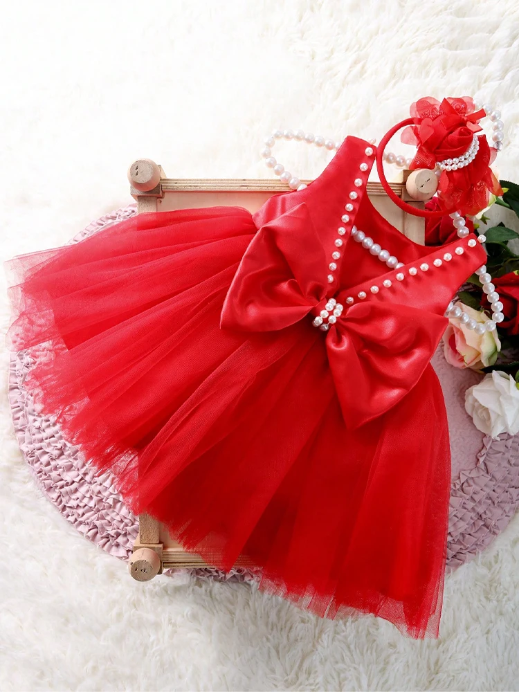 Ylsteed 2 Piece Set Newborn Baby Red Dress for Photoshooting Newborn Photography Props Infant Bow Pearl Dress with Rose Hairband