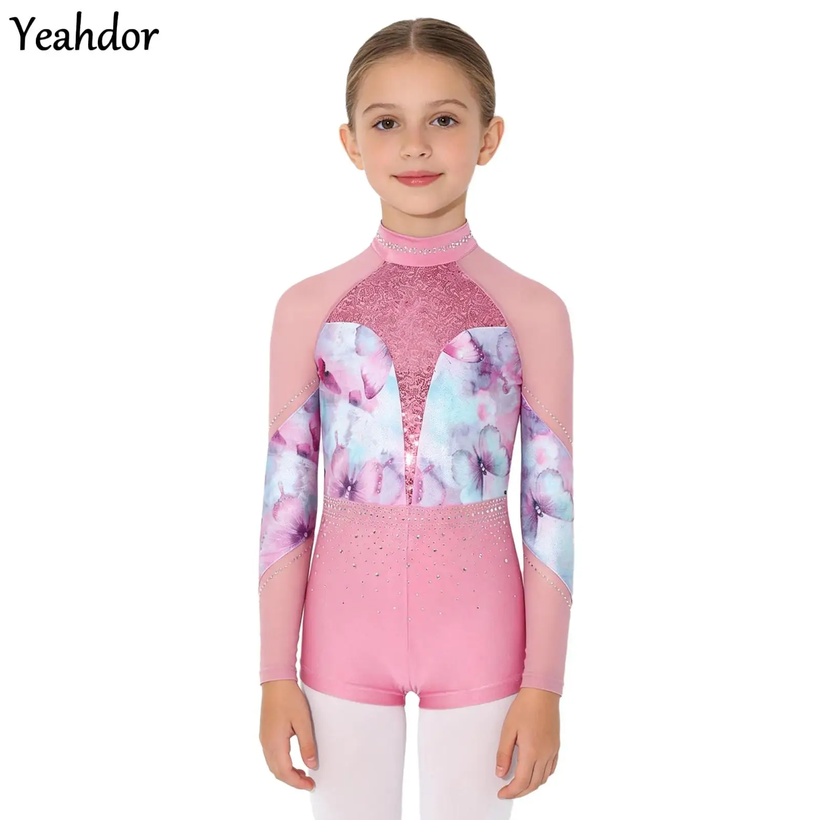 

Kids Girls Ballet Jazz Dance Jersey Leotards Rhinestones Rhythmic Gymnastics Jumpsuit Long Sleeve Mesh Sequins Tumbling Outfits