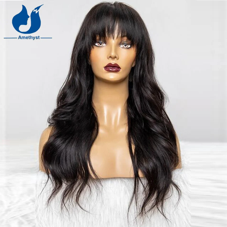 

Amethyst 200 Density Glueless Body Wavy Human Hair Wig With Bangs Brazilian Remy Hair Machine Scalp Top Bang Wig For Black Women