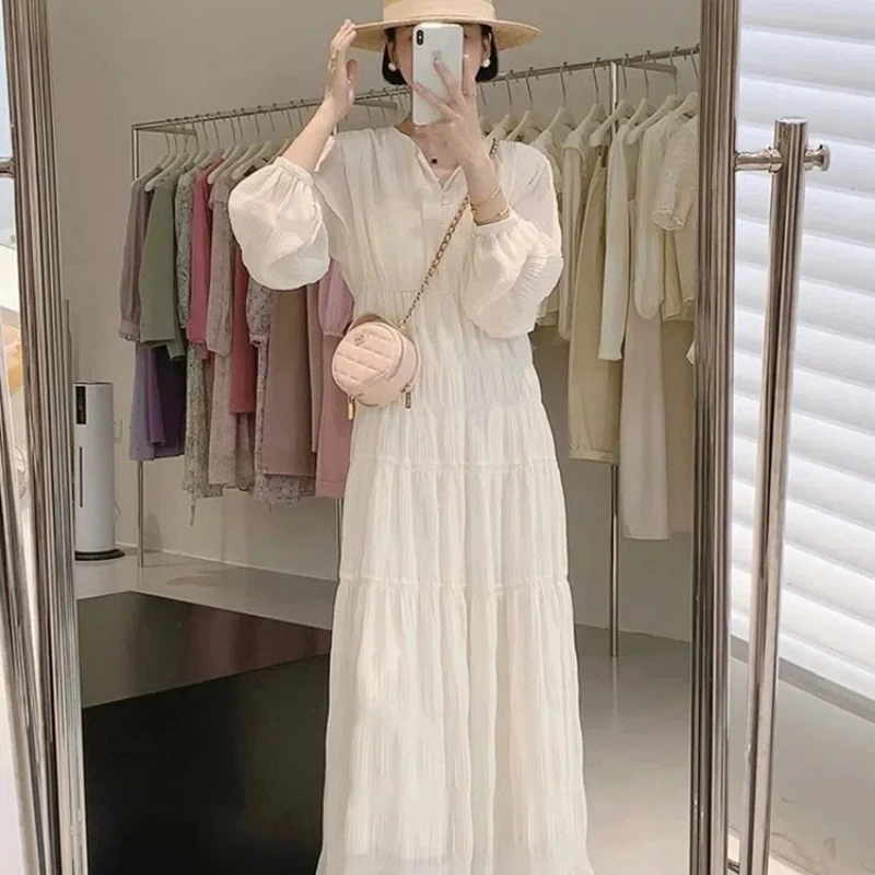 

Solid Color Pleated V-neck Puff Sleeve Waist Tie Up Holiday Dress Summer New Sweet Gentle Style Long Dresses Women Clothing