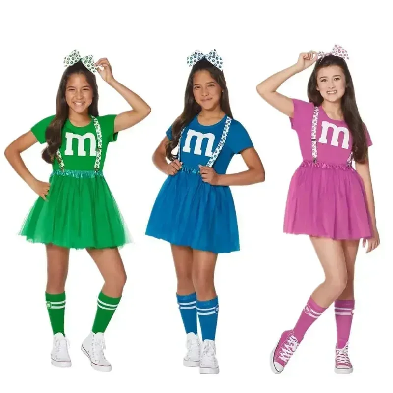 Kids M & M's Costume Cheerleader Uniform Kit with Suspender Family Games Parents-Child Clothing Outfits T-Shirt Black Skirt Set