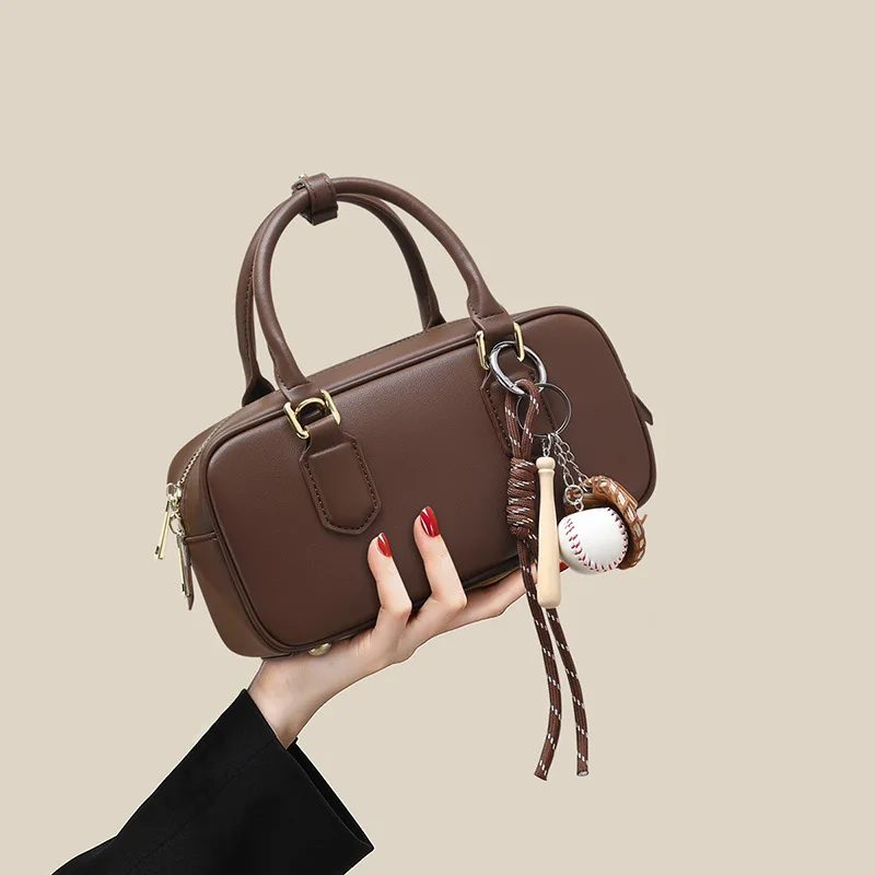 

Vintage Solid Colour Handbag High Quality Leather Ladies Shoulder Bag Large Capacity Women's Bowling Bag Fashion Girls Handbags