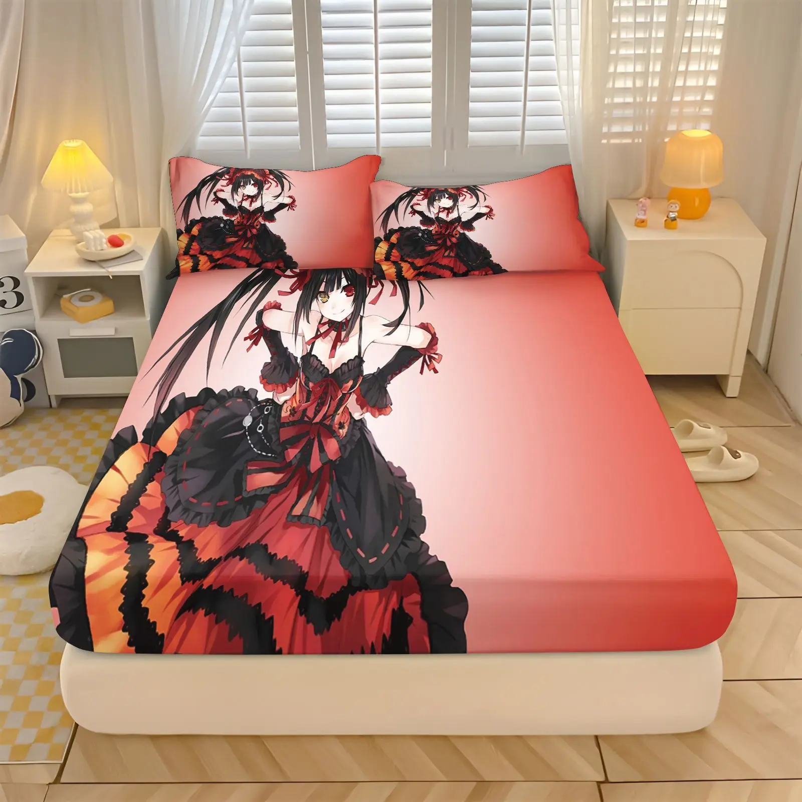 Tokisaki Kurumi Date A Live Anime Fitted Sheet Set 3D Print Elastic Mattress Cover With 2 Pillowcases For Anime Fans Bedroom