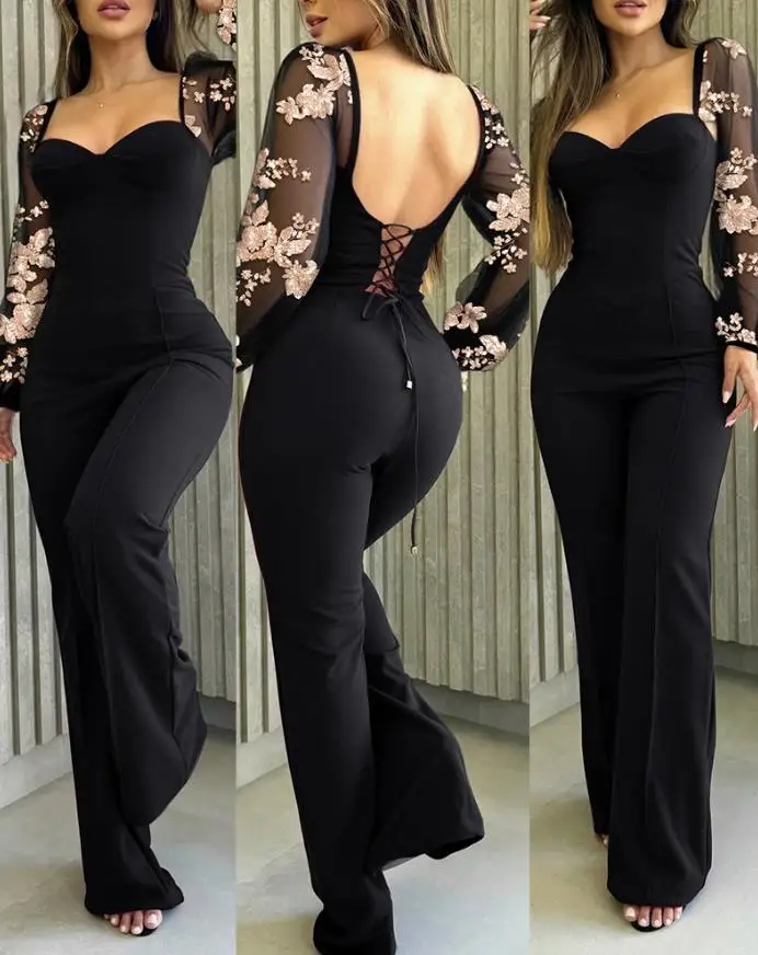 

2025 Sexy Sweetheart Neck Sequin Flower Mesh Lantern Sleeves Lace-Up Back Jumpsuit Casual Backless Seam Front Wide Leg Jumpsuit