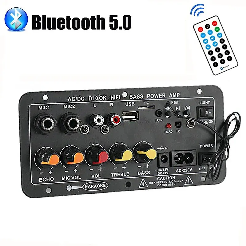 New 220V 12V digital bluetooth amplifier board subwoofer dual microphone karaoke amplifier speaker home theater DIY car outdoor