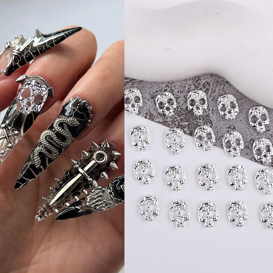 20pcs Metallic Gold Silver Skull Nail Decoration Charms Alloy Punk Style Skeleton Gothic Halloween Manicure Accessories Jewelry